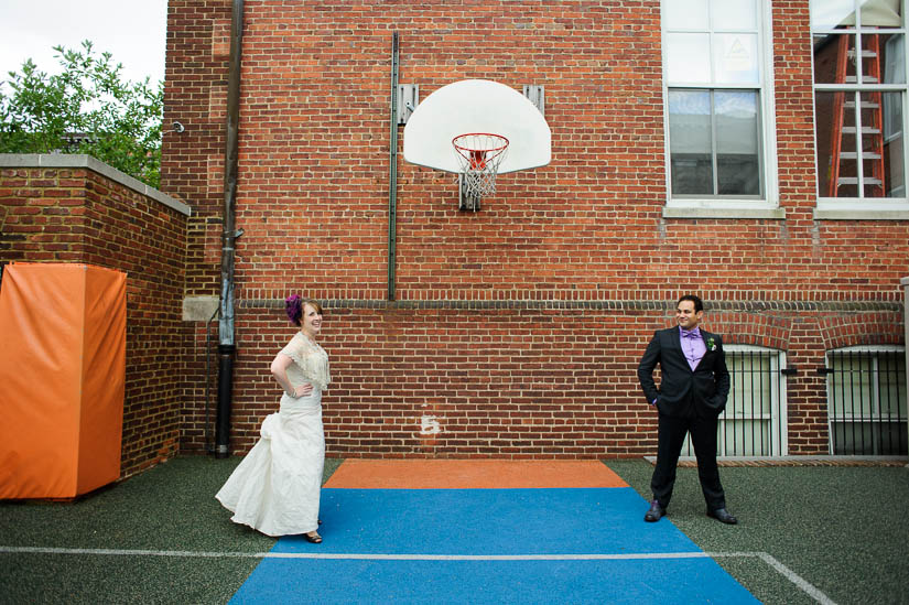 wedding portraits on a basketball court