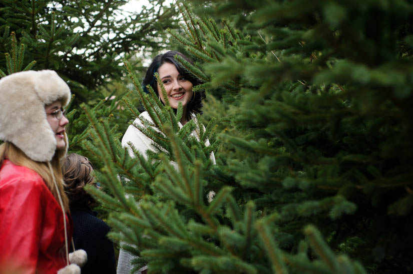 walking through the christmas trees during family photo shoot