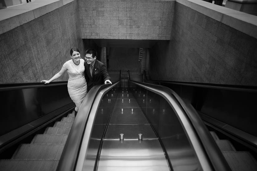 wedding pictures on a metro escalator