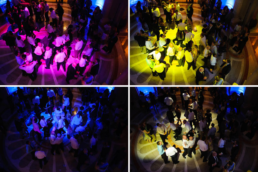 colored lights over the dance floor at carnegie institution for science wedding