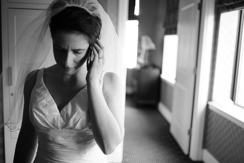 bride on the phone at the hotel monaco