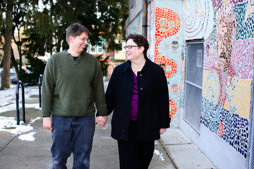 couple walking and laughing together