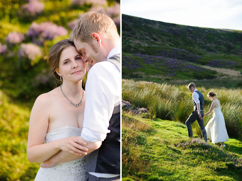 bride and groom photos taking in the heather in the english countryside