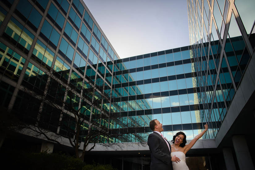 wedding portraits with glass reflections