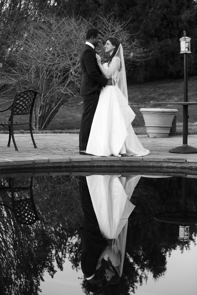 bride and groom portrait with reflection at comus inn