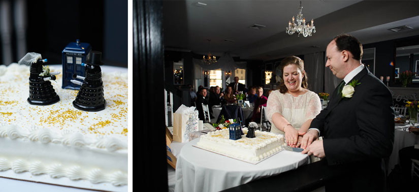 cutting an AMAZING dr who cake at darlington house wedding