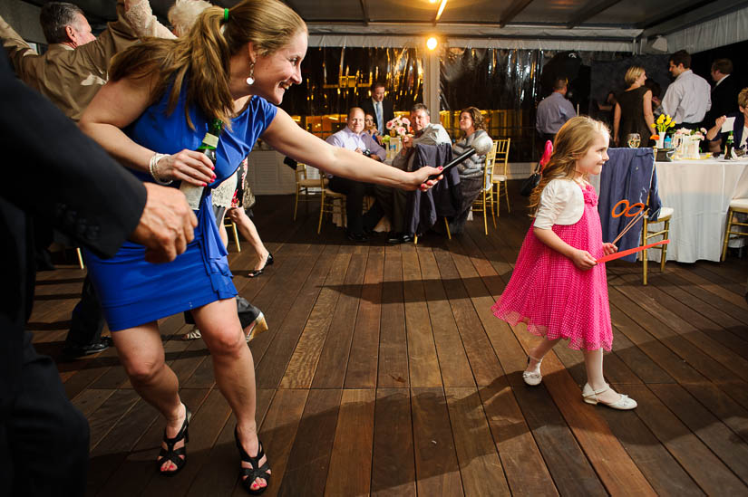 kids and friends playing at flying bridge wedding