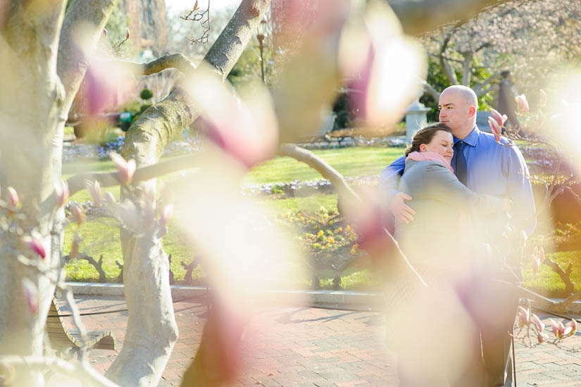 engagement photography with magnolia trees