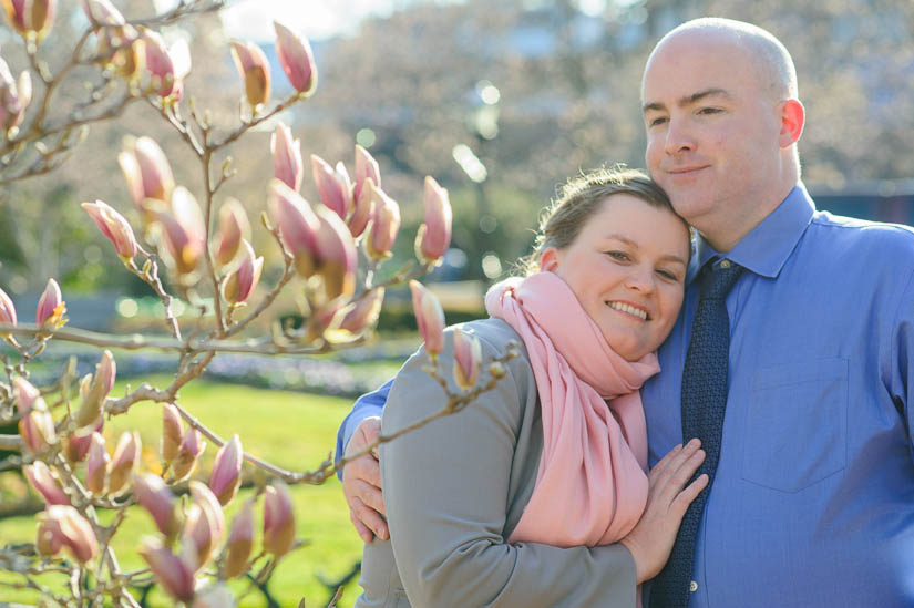 magnolia trees in engagement photos