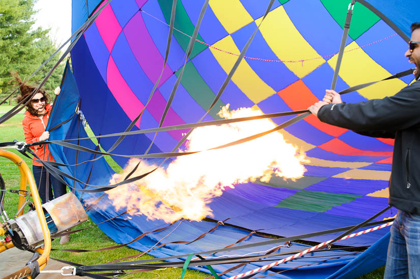 first blast of flame at hot air balloon engagement shoot