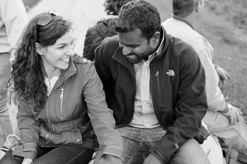 laughing at the hot air balloon engagement session