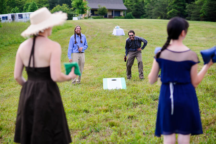 playing cornhole at a wedding in charlottesville