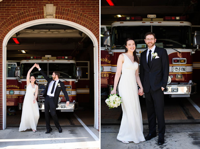 wedding portraits with a fire truck
