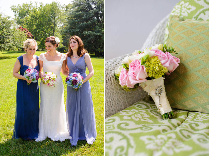 bride, sisters and beautiful bouquet at historic rosemont manor wedding