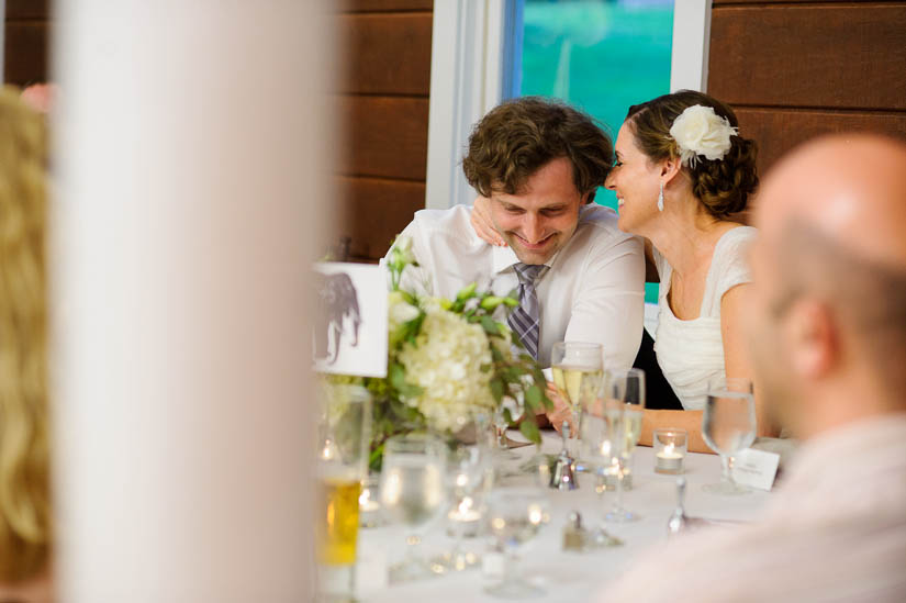 bride and groom reacting to wedding speeches