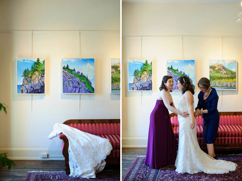 bride getting dressed at arts club of washington wedding