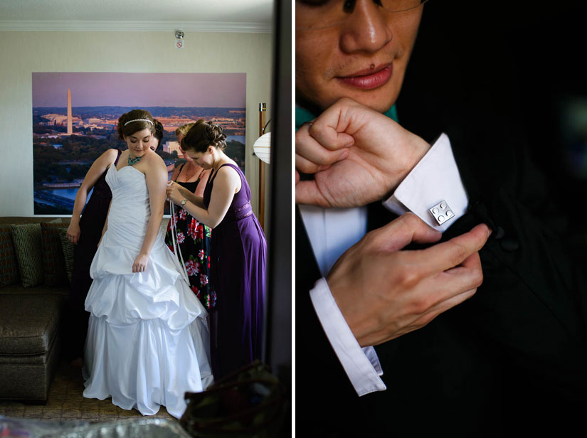 bride and groom getting ready at Crowne Plaza Crystal City wedding