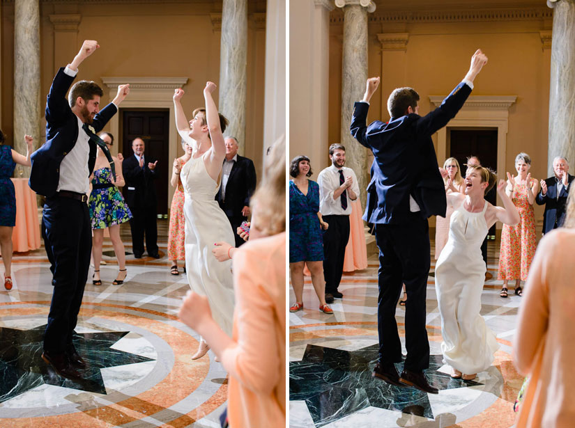 bride and groom jumping for joy at carnegie institution for science wedding