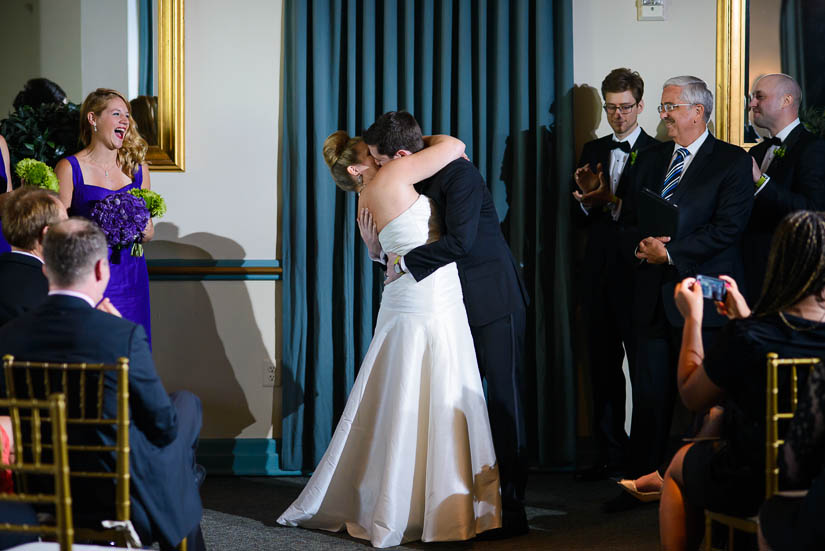 clarendon ballroom wedding ceremony first kiss