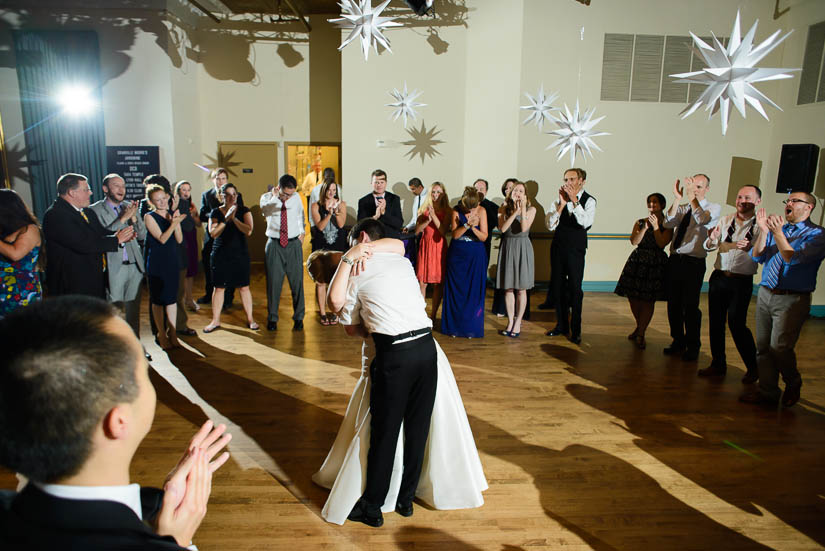 bride and groom dramatic kiss during last dance at clarendon ballroom