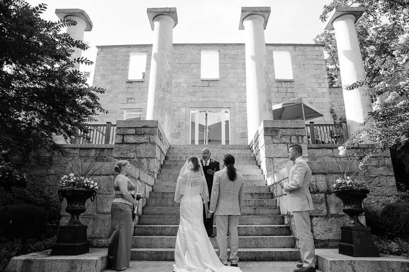 wedding ceremony on the steps at patapsco female institute
