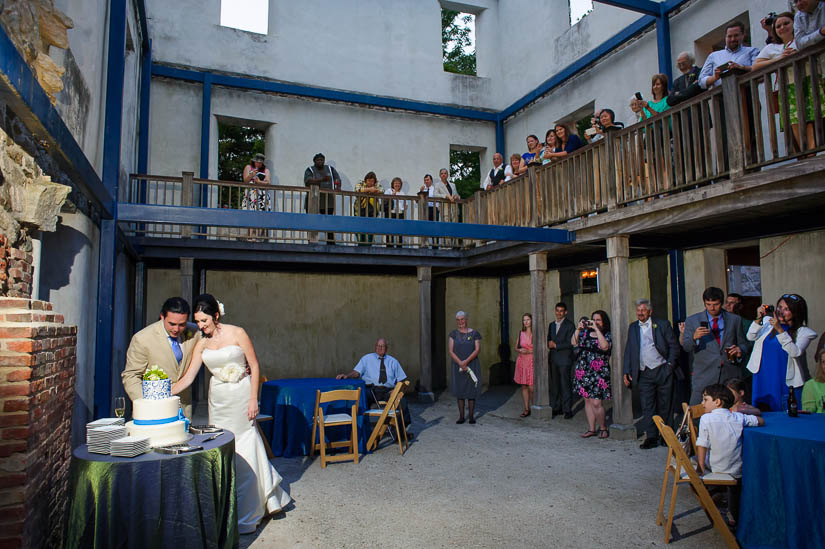 cutting the cake at patapsco female institute wedding