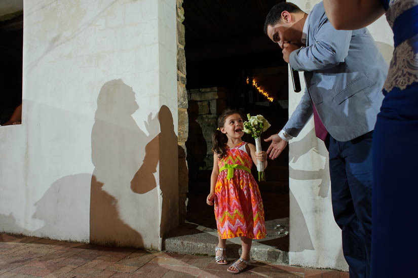 little girl catches the bouquet at patapsco female institute wedding