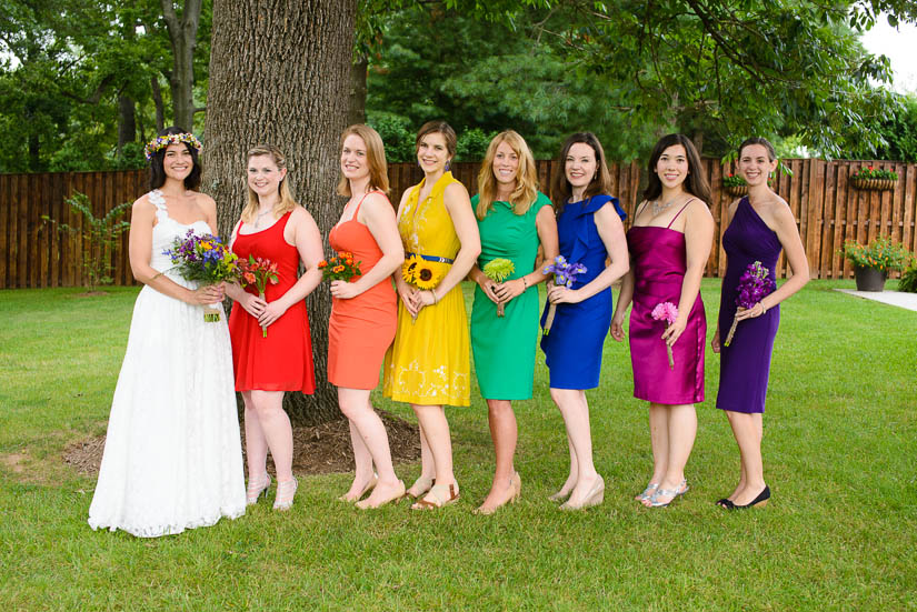 bride with rainbow bridesmaids at the woodlands at algonkian wedding