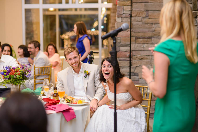bride and groom reacting to bridesmaid toast